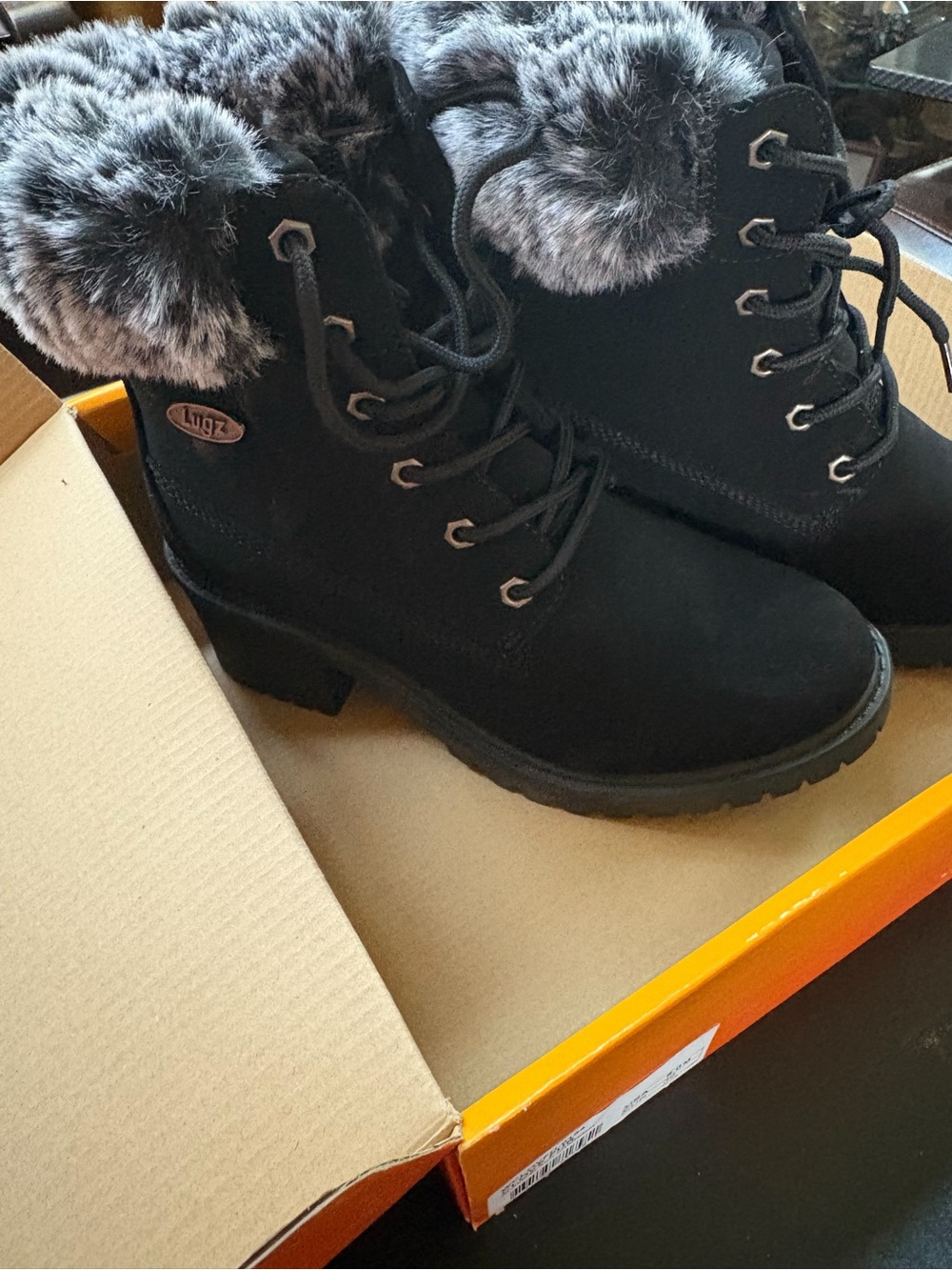 Lugz Black Suede Faux Fur Trim Lace-Up Heeled Ankle Boots
